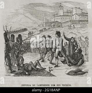 Guerre du Roussillon, également appelée guerre des Pyrénées ou guerre de la Convention, (1793-1795). Conflit entre l'Espagne de Charles IV et la première République française. Le 4 octobre 1793, l'armée française a occupé la ville catalane de Camprodón. Défense de Camprodón par les citoyens. Gravure de Redondo. Historia del Levantamiento, guerra y revolución de España par la Conde de Toreno. Madrid, 1851. Banque D'Images