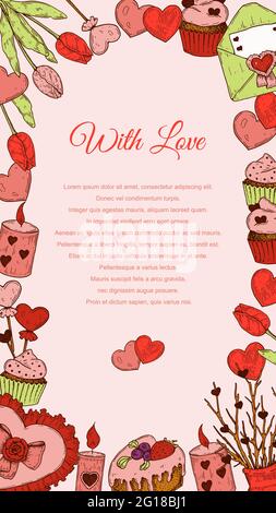 Carte de vœux verticale de Saint-Valentin avec éléments dessinés à la main. Modèle de témoignages sur les médias sociaux. Illustration vectorielle Illustration de Vecteur