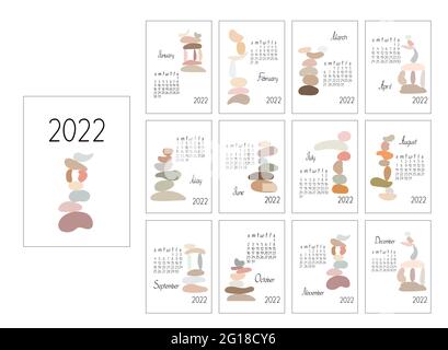 Modèle de calendrier année 2022 pierres zen abstrait vecteur boho illustration dans le style minimaliste simple, détente, méditation, yoga concept, semaine commence le dimanche, vecteur page imprimable Illustration de Vecteur