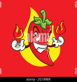 Personnage de piment rouge vif de dessin animé créant des boules de feu sur les deux mains Illustration de Vecteur