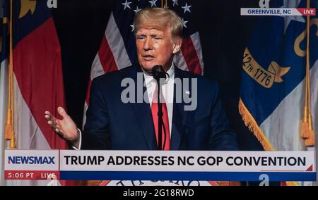 05 juin 2021, Greenville, Caroline du Nord, États-Unis - l'ancien président DONALD TRUMP s'adresse à la convention républicaine de l'État de Caroline du Nord.(Credit image: © Newsmax/ZUMA Wire) Banque D'Images