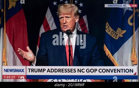 05 juin 2021, Greenville, Caroline du Nord, États-Unis - l'ancien président DONALD TRUMP s'adresse à la convention républicaine de l'État de Caroline du Nord.(Credit image: © Newsmax/ZUMA Wire) Banque D'Images