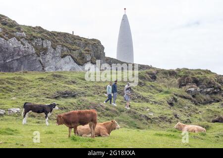 Baltimore, Cork, Irlande. 05e juin 2021. Les touristes se promènent autour des bovins de repos sur le promontoire et les falaises lors d'un week-end de vacances en banque chaud au Beacon à Baltimore, à l'ouest de Cork, en Irlande. - crédit; David Creedon / Alamy Live News Banque D'Images