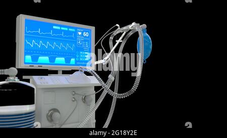 Illustration médicale 3d, ventilateur pulmonaire USI avec lit rendu, isolé sur noir Banque D'Images