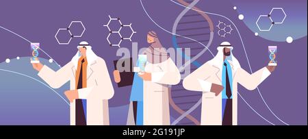 Des scientifiques arabes travaillant avec l'ADN dans des tubes à essai des chercheurs font équipe des expériences dans les tests d'ADN en laboratoire le concept de diagnostic de génie génétique horizontal Illustration de Vecteur