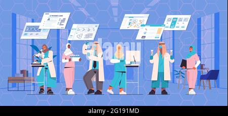 Les scientifiques travaillant avec l'ADN dans des tubes à essai les chercheurs font équipe pour faire des expériences dans le domaine du génie génétique des tests d'ADN en laboratoire Illustration de Vecteur
