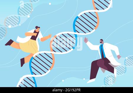 Scientifiques travaillant avec des molécules hélicoïdales d'ADN chercheurs faisant des expériences dans les tests d'ADN de laboratoire diagnostic génétique Illustration de Vecteur