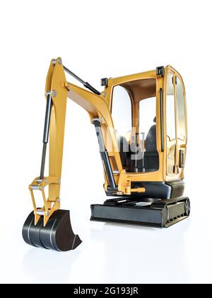 Rendu 3D de la pelle compacte jaune sur blanc Banque D'Images