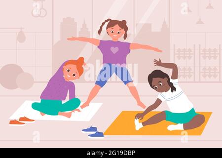 Les enfants font du yoga, des exercices de sport physique sain, illustration de vecteur de gymnastique. Dessin animé heureux enfants personnages étirer le corps sur l'entraînement d'échauffement dans la salle de gym ensemble, fille pratiquant l'arrière-plan d'asana Illustration de Vecteur