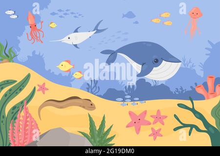 Paysage marin sous-marin, fond marin avec poissons animaux illustration vectorielle. Caricature faune sous-marine mignonne, baleine espadon calmar anguille starfish thon nagez au fond de la mer tropicale Illustration de Vecteur