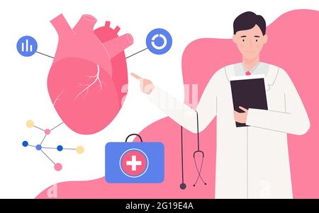 Examen de cardiologie médicale, illustration du vecteur de contrôle du système cardiovasculaire circulatoire. Caricature cardiologue médecin caractère avertissement de risque de maladie cardiaque, infographics médecine fond Illustration de Vecteur