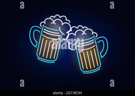 Santé portez-vous du pain grillé. Bière au néon en verre. Affiche de mode. Panneau de signalisation de la veilleuse, bannière lumineuse. Emblème d'été. Logo Club Bar sur fond sombre. Tasse de Illustration de Vecteur