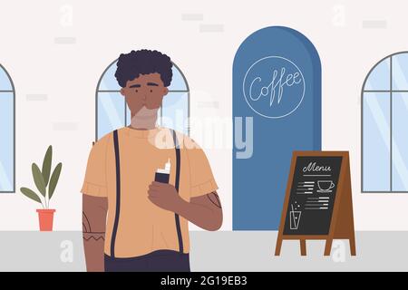 Un jeune homme fume un singe dans une illustration vectorielle de café. Caricature Guy fumeur personnage de vapotage avec des nuages de fumée, tenant la vapeur de cigarette électronique dans la main, tabagisme problème de dépendance arrière-plan Illustration de Vecteur