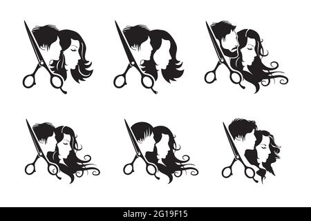 Logo du coiffeur, logo du salon de beauté avec silhouettes homme et femme, illustration vectorielle. Illustration de Vecteur