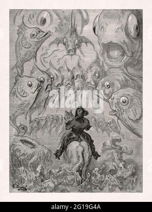 Dessin du Baron Munchaussen réalisé en 1862 par Gustave doré pour illustrer la nouvelle édition du livre Baron Munchaussen Banque D'Images