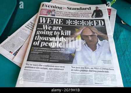 Dominic Cummings Evening Standard titre du journal sur la page d'accueil nous allons tuer des milliers de personnes 27 mai 2021 Londres UK Banque D'Images