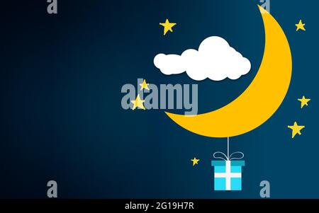 Cloud moon stars with blue gift, 3D rendering Banque D'Images