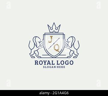 Modèle de logo de luxe Royal Lion lettre JQ en illustrations vectorielles pour les restaurants, les royalties, les boutiques, les cafés, les hôtels, Héraldique, bijoux, mode et autre vecteur il Illustration de Vecteur