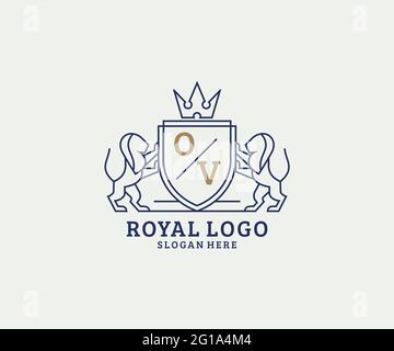 Modèle de logo de luxe VO Letter Lion Royal dans les illustrations vectorielles pour les restaurants, les Royalty, les boutiques, les cafés, les hôtels, Héraldique, bijoux, mode et autre vecteur il Illustration de Vecteur