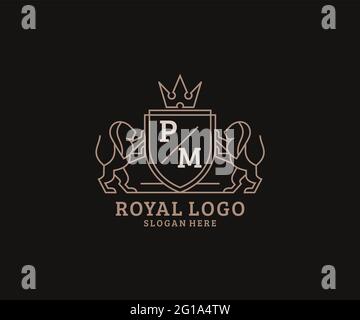 Modèle de logo de luxe Royal Lion lettre PM en illustrations vectorielles pour les restaurants, les royalties, les boutiques, les cafés, les hôtels, Héraldique, bijoux, mode et autre vecteur il Illustration de Vecteur