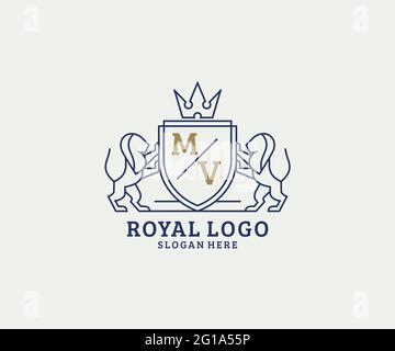 Modèle de logo MV Letter Lion Royal Luxury dans les illustrations vectorielles pour les restaurants, les royalties, les boutiques, les cafés, les hôtels, Héraldique, bijoux, mode et autre vecteur il Illustration de Vecteur