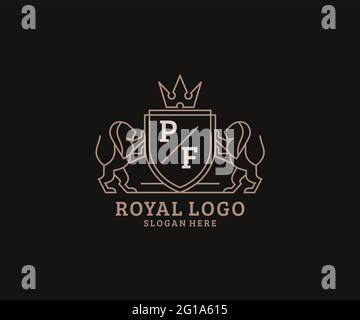 Modèle de logo PF Letter Lion Royal Luxury dans les illustrations vectorielles pour les restaurants, les royalties, les boutiques, les cafés, les hôtels, Héraldique, bijoux, mode et autre vecteur il Illustration de Vecteur