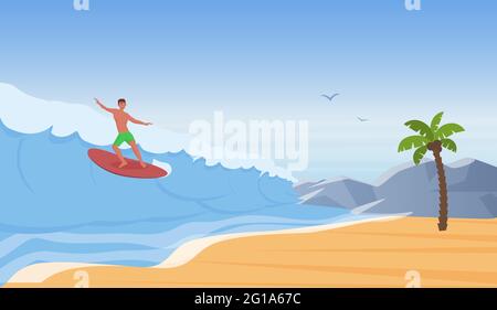 Surfeurs surf, promenade sur la vague d'eau sur la plage, illustration de vecteur d'aventure d'été. Dessin animé joyeux jeune homme personnage surf sur surf, sport extrême, voyage d'été arrière-plan de vacances Illustration de Vecteur