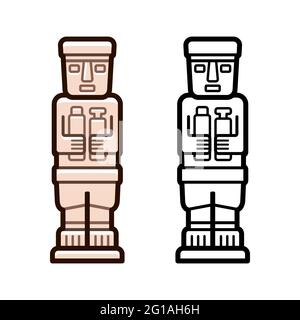 Ponce Monolith, statue en pierre de Tiwanaku, Bolivie. Icône de vecteur couleur et noir et blanc. Illustration de Vecteur