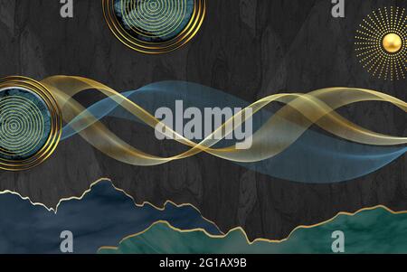 illustration 3d papier peint art mural moderne . lignes ondulées dorées et soleil doré . cercles dorés, lignes et marbre sur fond noir Banque D'Images