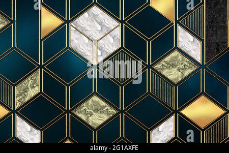 papier peint mural moderne 3d . Lignes d'or, formes géométriques sur fond sombre . pour intérieur décoration d'intérieur lignes d'or et fond en marbre foncé . 3d w Banque D'Images