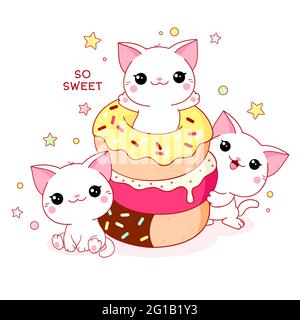 Carte mignonne en style kawaii. Trois chats adorables avec des beignets. Inscription si douce. Peut être utilisé pour l'impression de t-shirt, la conception d'autocollants. Vecteur illustrat Illustration de Vecteur