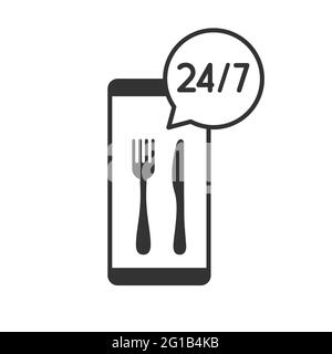 Téléphone portable avec fourchette et couteau. 24/7 icône de livraison de nourriture à l'intérieur de la bulle vocale. Application de commande d'aliments en ligne. Idée de livraison sans interruption. Vecteur Illustration de Vecteur