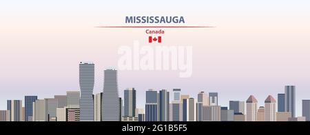 Paysage urbain de Mississauga sur fond de ciel de coucher de soleil illustration vectorielle avec nom de pays et de ville et drapeau du Canada Illustration de Vecteur