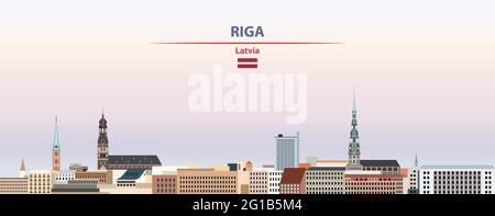 Paysage urbain de Riga sur fond de ciel coucher de soleil illustration vectorielle avec nom de pays et de ville et avec drapeau de la Lettonie Illustration de Vecteur