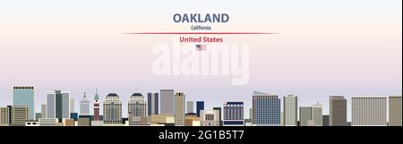 Oakland paysage urbain sur le coucher du soleil ciel illustration vectorielle avec le nom du pays et de la ville et avec le drapeau des États-Unis Illustration de Vecteur