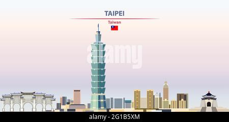 Paysage urbain de Taipei sur fond de ciel coucher de soleil illustration vectorielle avec le nom du pays et de la ville et avec le drapeau de Taïwan Illustration de Vecteur