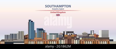 Southampton paysage urbain sur fond de ciel coucher de soleil illustration vectorielle avec nom de pays et de ville et drapeau du Royaume-Uni Illustration de Vecteur