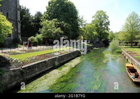 Vue sur la rivière Great Stour depuis le pont de West Gate Tower, Canterbury, Kent, Angleterre, Royaume-Uni Banque D'Images