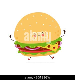 Joli hamburger drôle en verres personnage. Icône d'illustration de personnage de dessin animé à la main de vecteur kawaii. Isolé sur fond blanc. Concept de personnage Burger Illustration de Vecteur