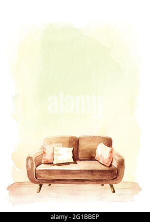 Canapé devant le mur vide, intérieur ou concept de rénovation. Illustration aquarelle dessinée à la main avec espace de copie Banque D'Images