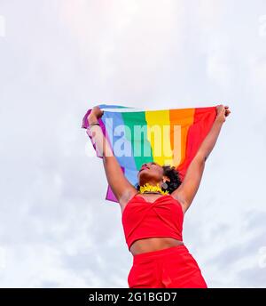 De dessous de l'élégant Afro-américain femelle dans le port tendance élevant drapeau avec l'ornement arc-en-ciel tout en regardant loin sur la chaussée Banque D'Images