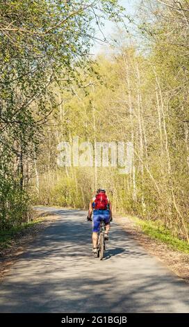 Le cycliste suit une route forestière. Journée ensoleillée dans la forêt de printemps. Banque D'Images