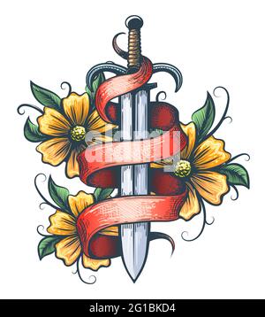 Tatouage de épée avec fleurs et ruban. Tatouage vectoriel. Illustration de Vecteur