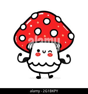 Mignon drôle heureux amanita champignon montrer muscle. Icône d'illustration de personnage de dessin animé à la main de vecteur kawaii. Isolé sur fond blanc. Drôle de concept de personnage de mascotte de champignon amanita Illustration de Vecteur