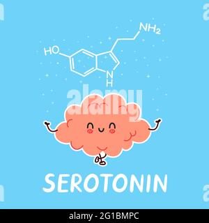 Mignon drôle de personnage d'organe de cerveau humain et formule de sérotonine. Icône d'illustration de personnage de dessin animé à la main de vecteur kawaii. Chimie médicale du cerveau, concept de personnage de dessin animé de la sérotonine Illustration de Vecteur