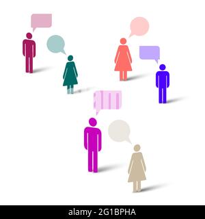 Des gens avec des bulles de parole. Les hommes et les femmes parlent la communication. Groupe de personnes. Icônes simples de la figure du bâton. Illustration vectorielle. Illustration de Vecteur