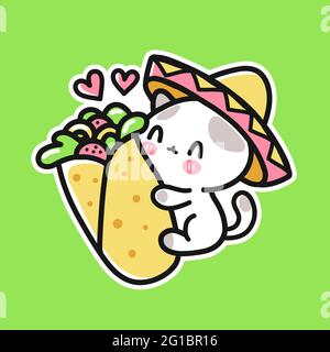 Mignon petit chat drôle dans le chapeau mexicain câlins burrito. Icône d'illustration de personnage de dessin animé à la main de vecteur kawaii. Burrito de nourriture mexicaine et dessin animé de chat, poster, t-shirt imprimé concept Illustration de Vecteur