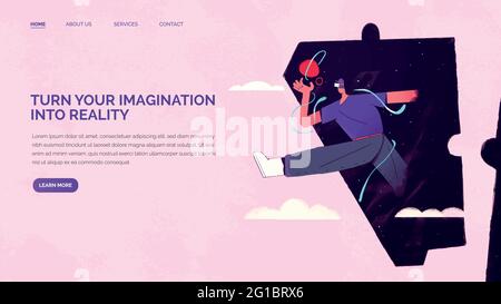 Modèle de page d'arrivée. Transformez votre imagination en réalité. Concept avec le caractère se déplaçant dans les rêves, l'imagination et les idées avec le casque VR. Illustration de Vecteur