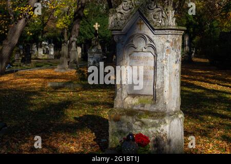 Une pierre tombale ancienne (des années 1940) à l'Ondrejský cintorín (St. Cimetière d'Andrew) à Bratislava. Bratislava, Slovaquie. 2020-11-07. Banque D'Images