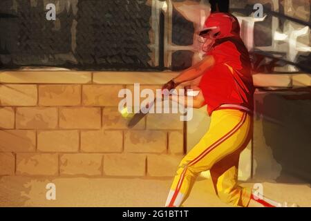 Illustration photo d'un joueur de softball féminin dans la boîte de base-ball. Banque D'Images